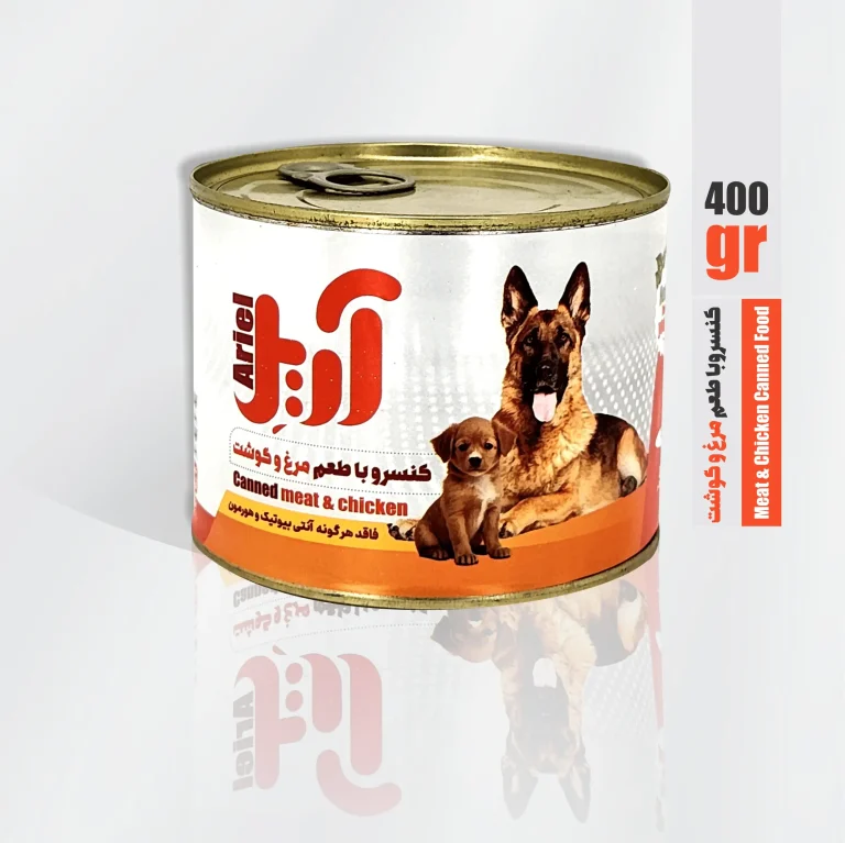 کنسرو غذای سگ مرغ و گوشت آریل -400گرمی